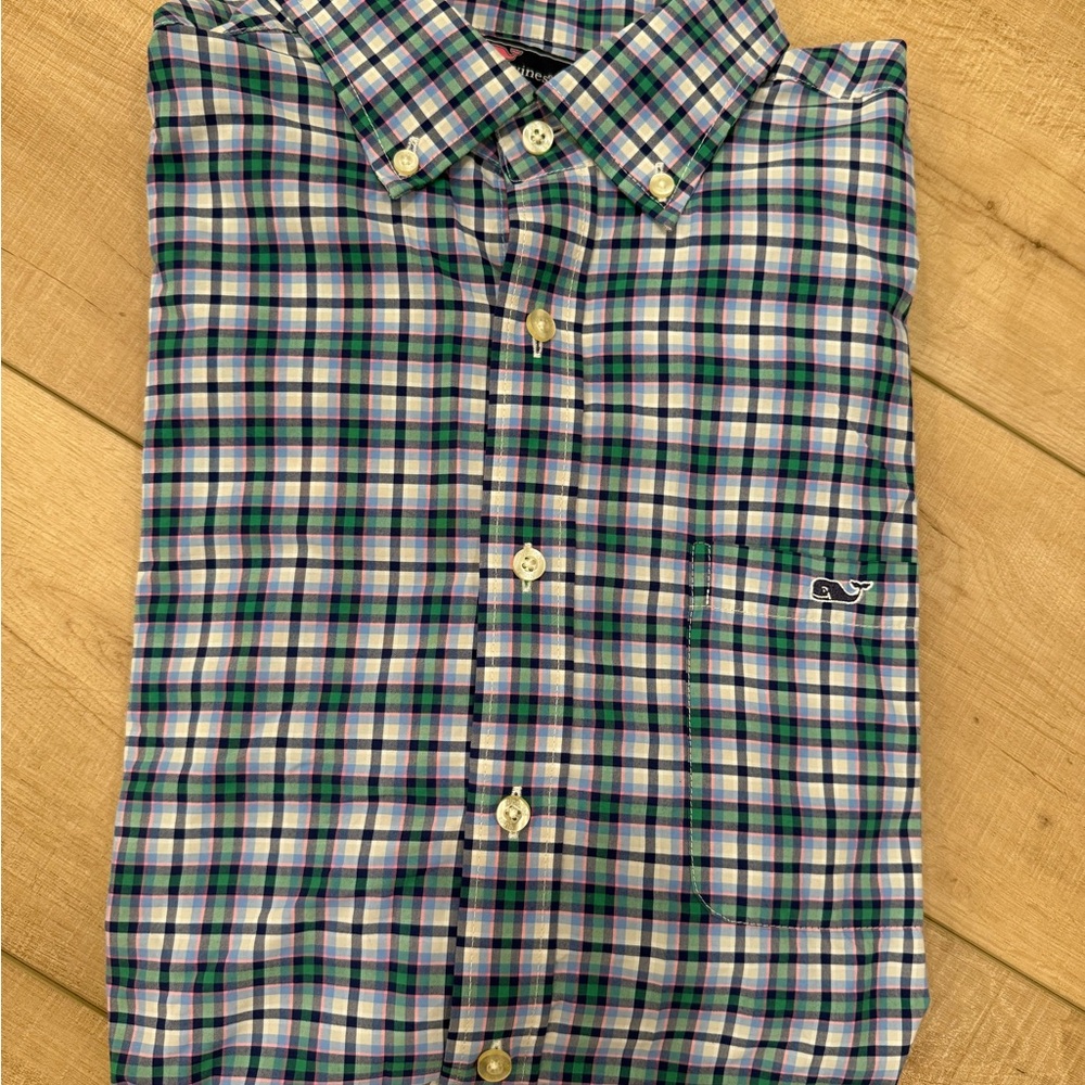 Vineyard Vines Men's Blue and Green Plaid Shirt
